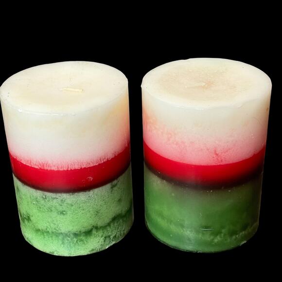 Pier 1 Holiday Candles Pair Pillar Striped Green White Red Evergreen Christmas - Picture 12 of 13